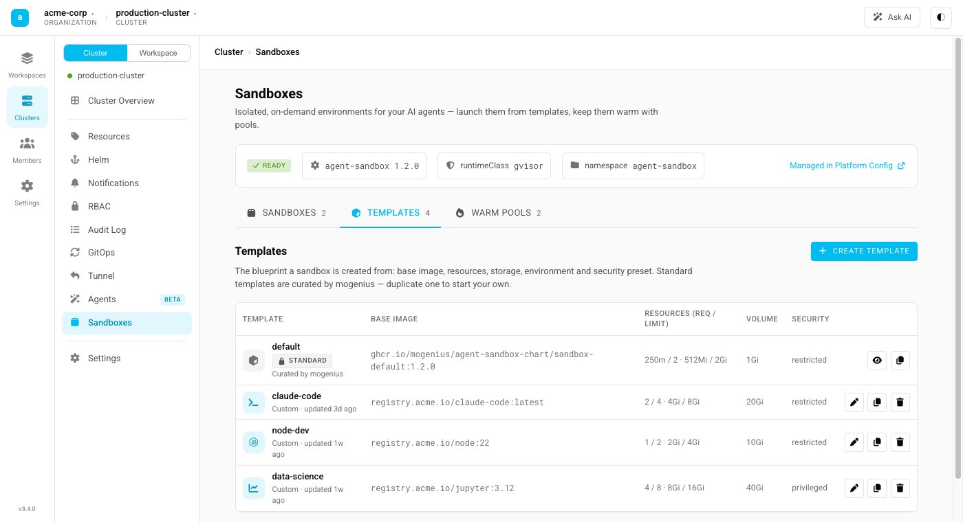 The Sandbox Templates list showing standard and custom templates with image, resources, volume, and security columns.
