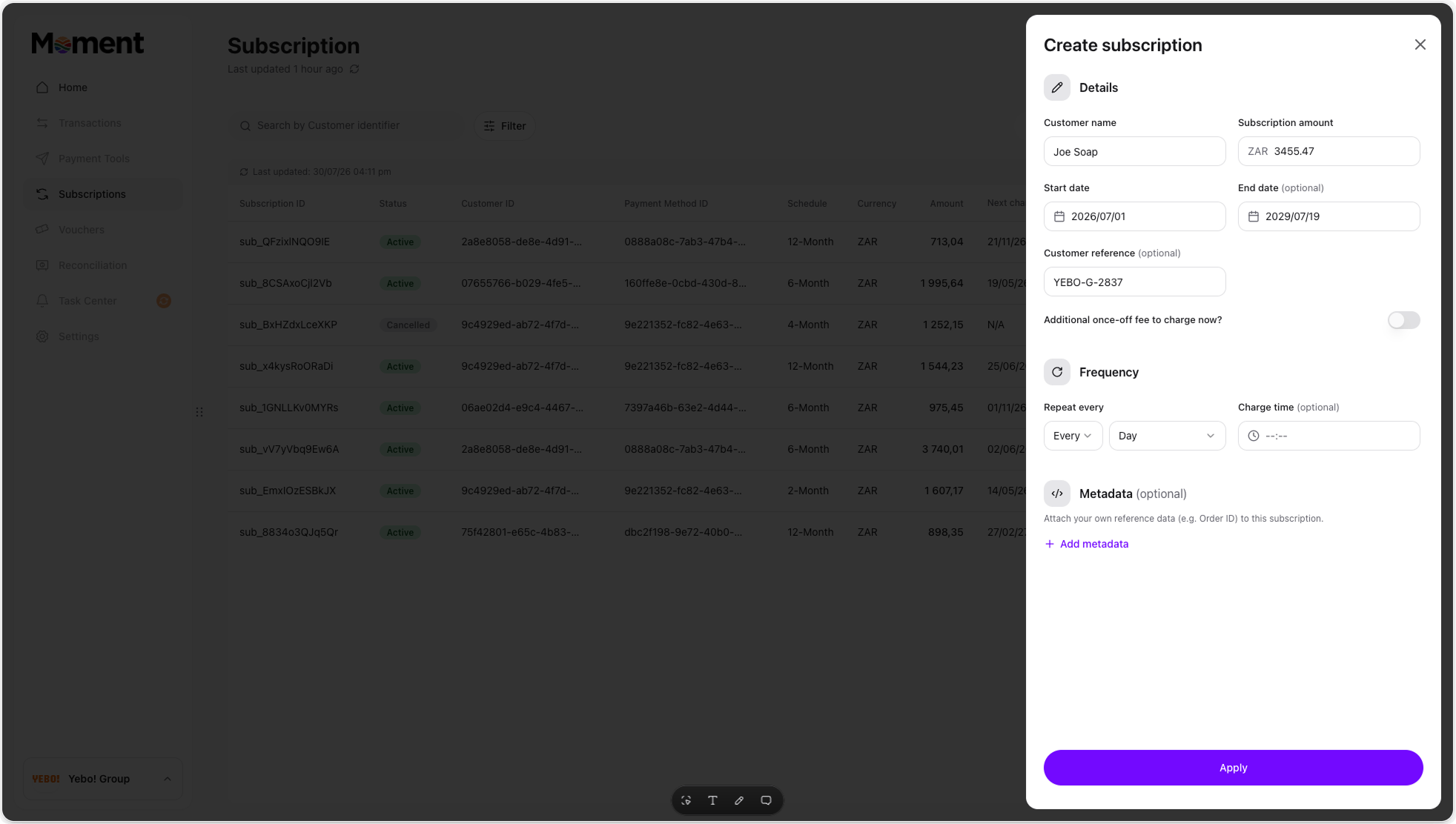Create subscription form