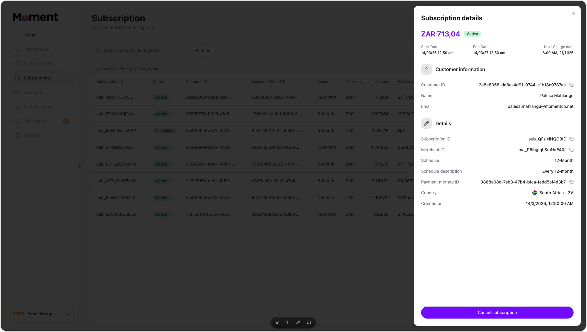 Subscription details and history, with the cancel action