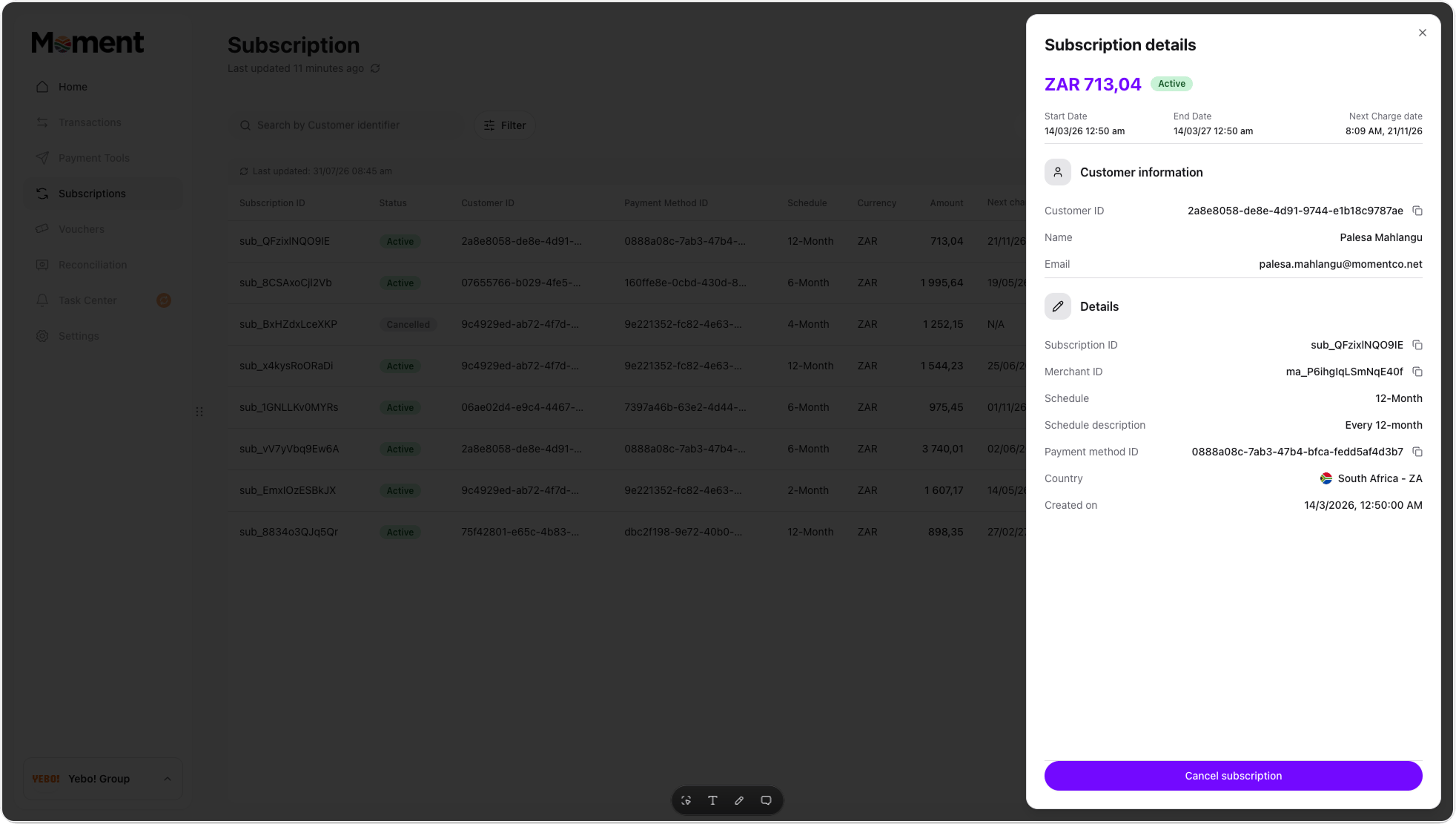 Subscription details and history, with the cancel action