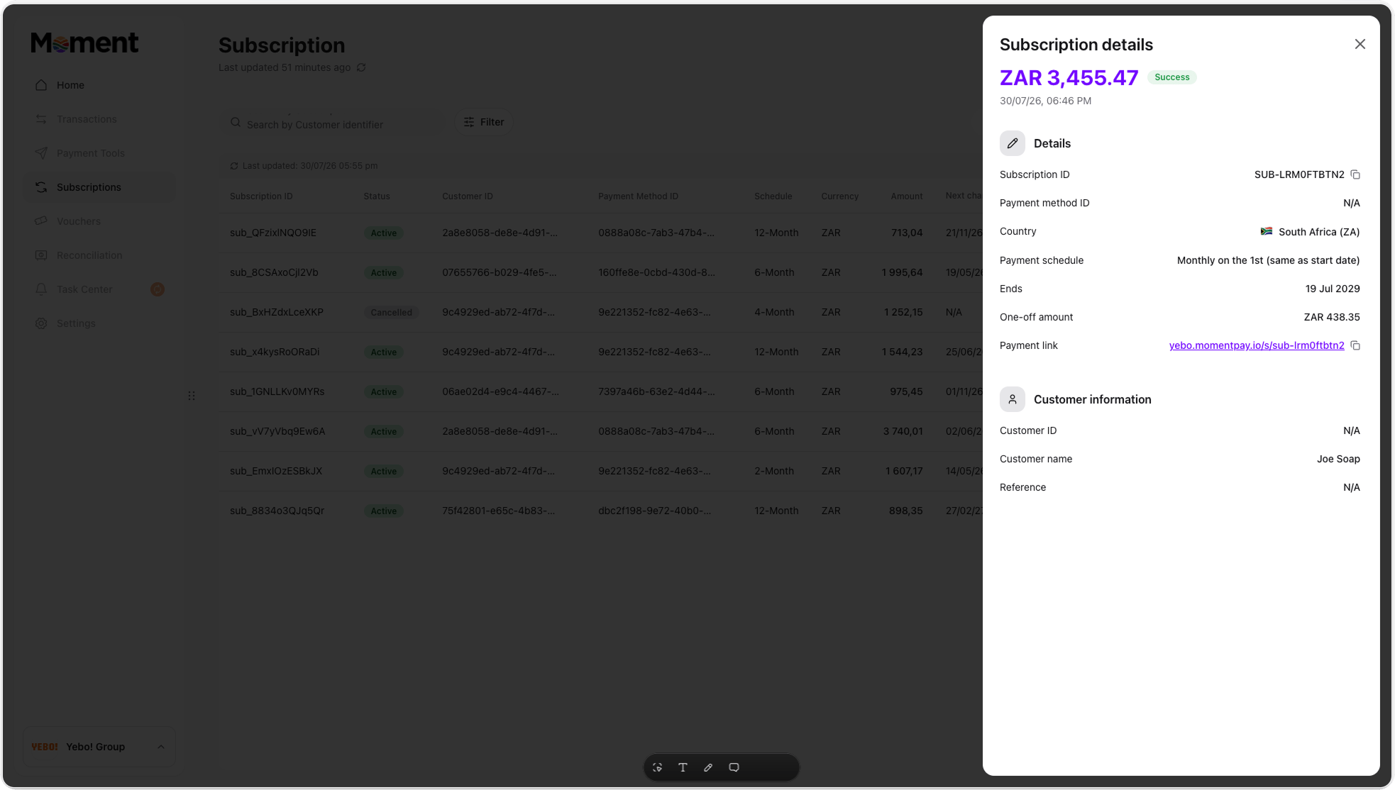 Subscription details screen