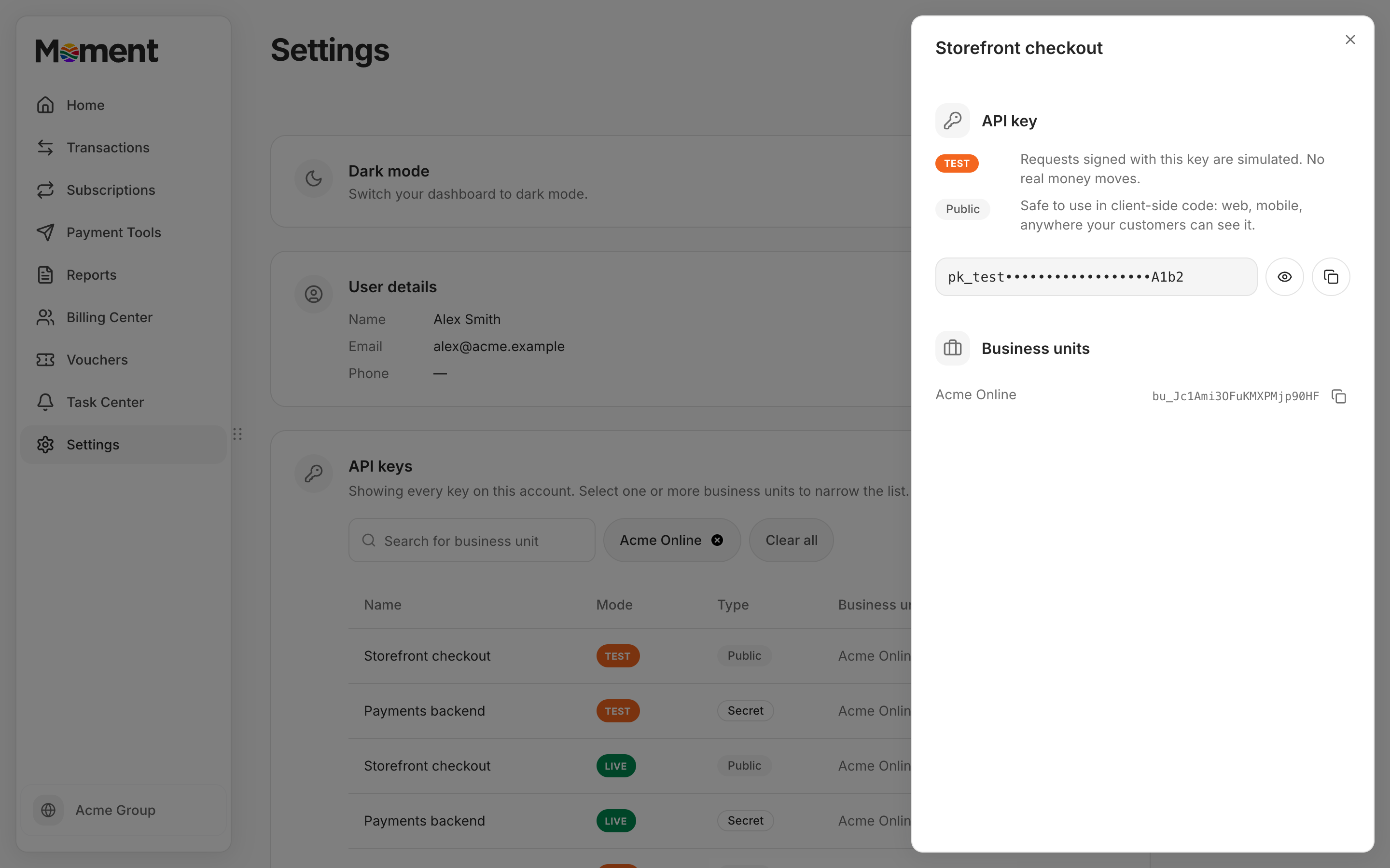 API key details panel