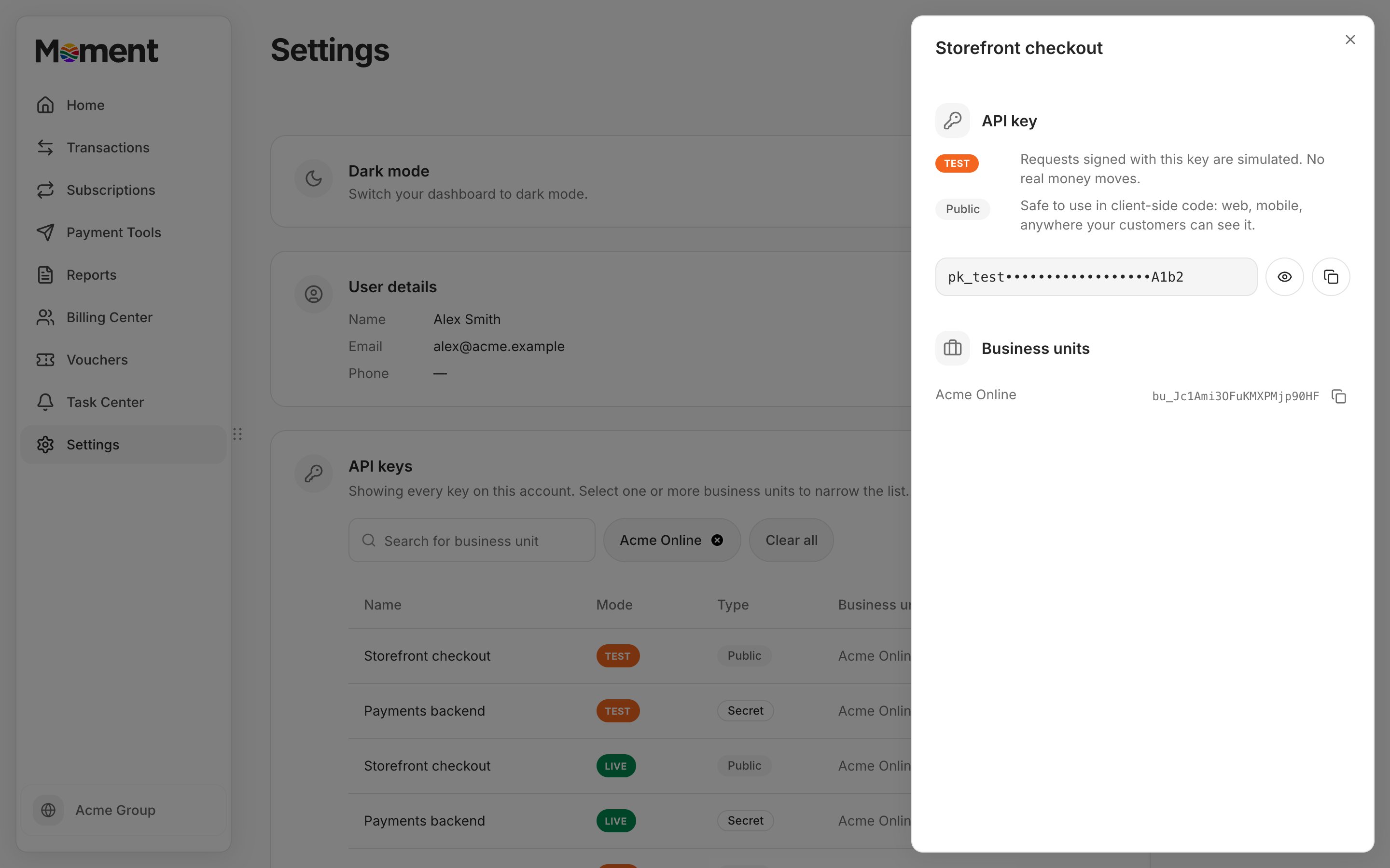 API key details panel