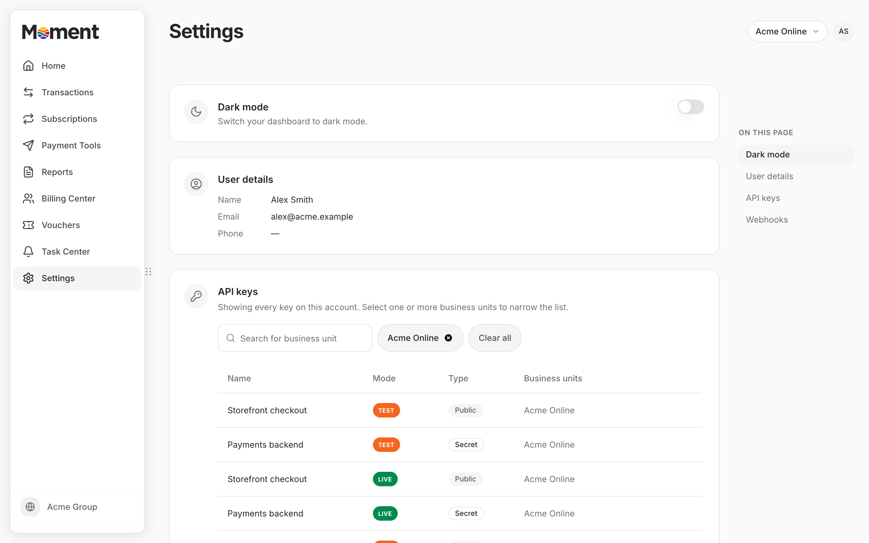 API keys section in Client Portal Settings
