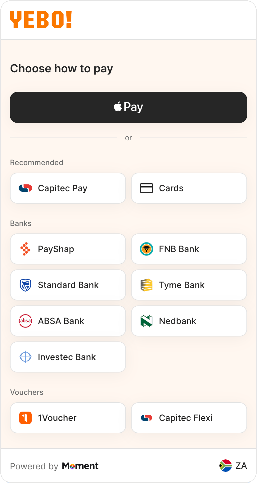 PayShap listed under Banks on the Choose how to pay screen
