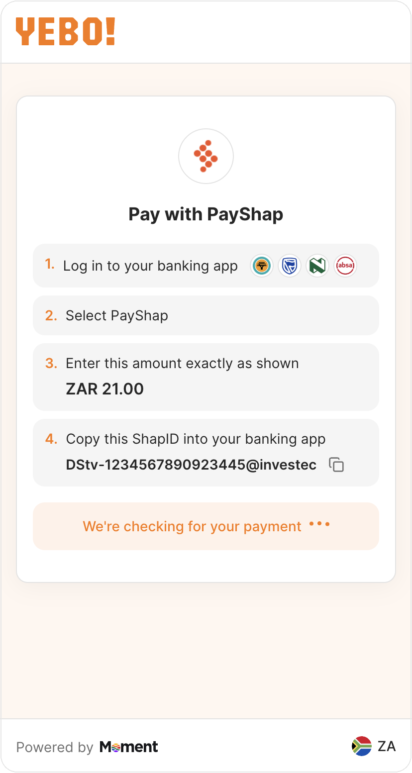PayShap instructions screen showing amount and ShapID