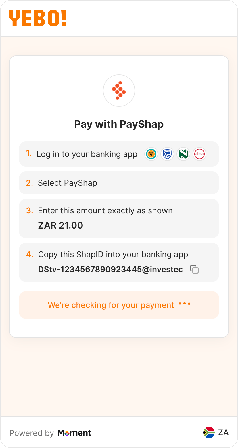 PayShap instructions screen showing amount and ShapID