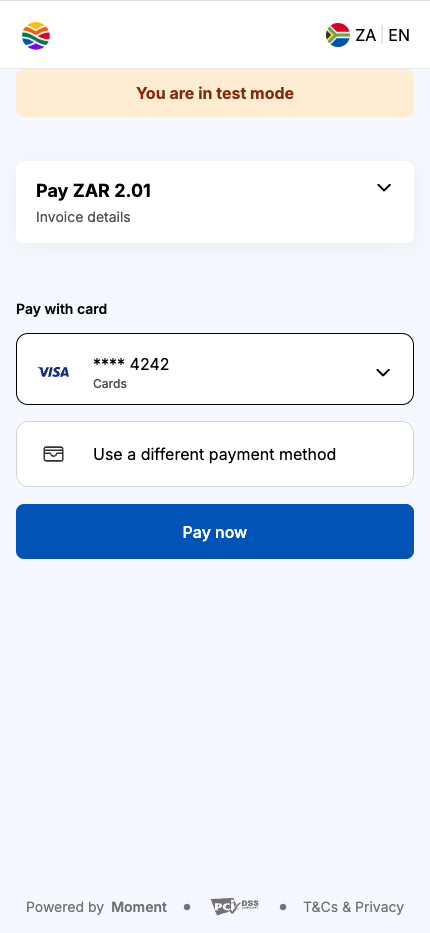 Checkout page showing saved payment methods for a returning customer