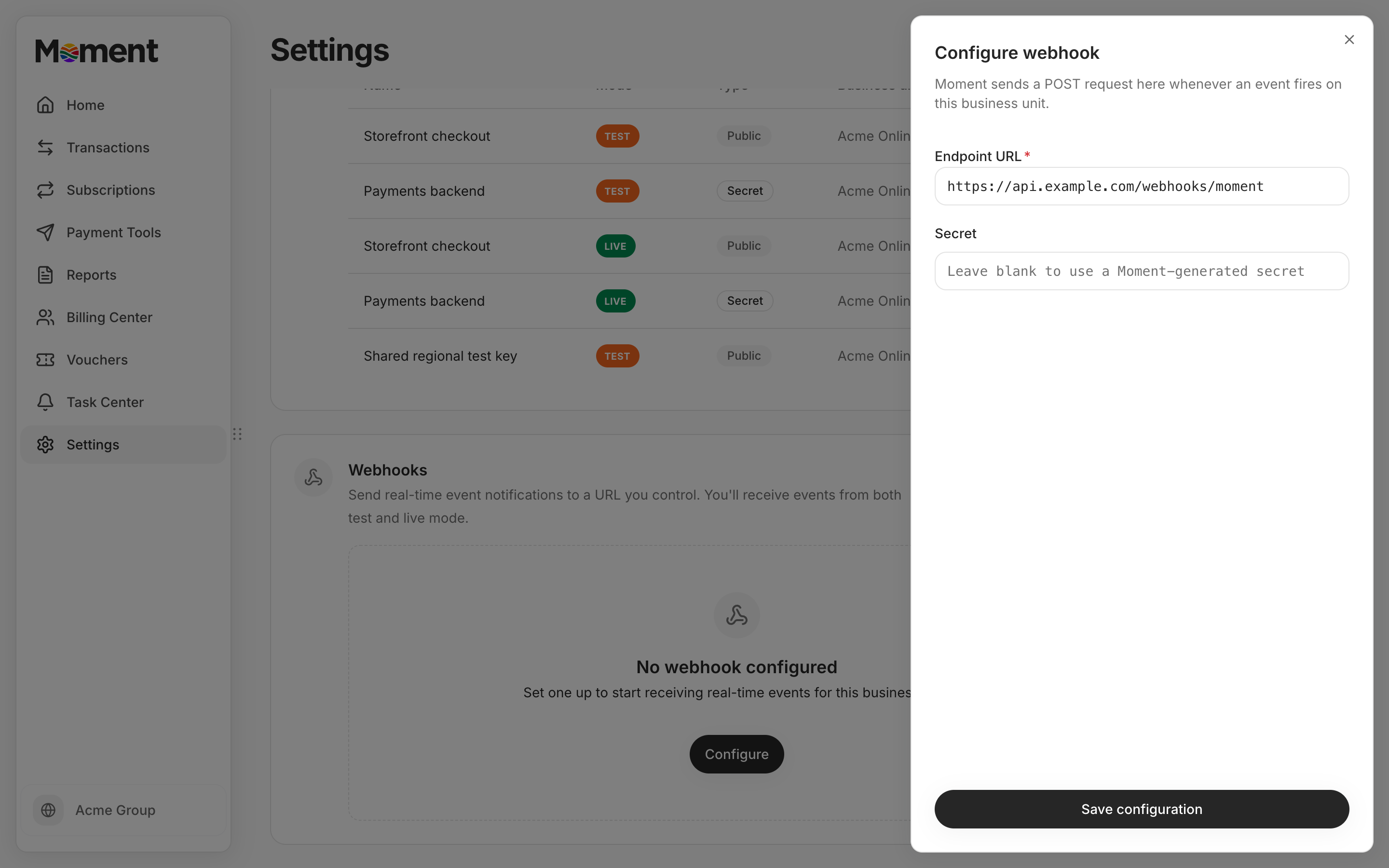 Configure webhook panel