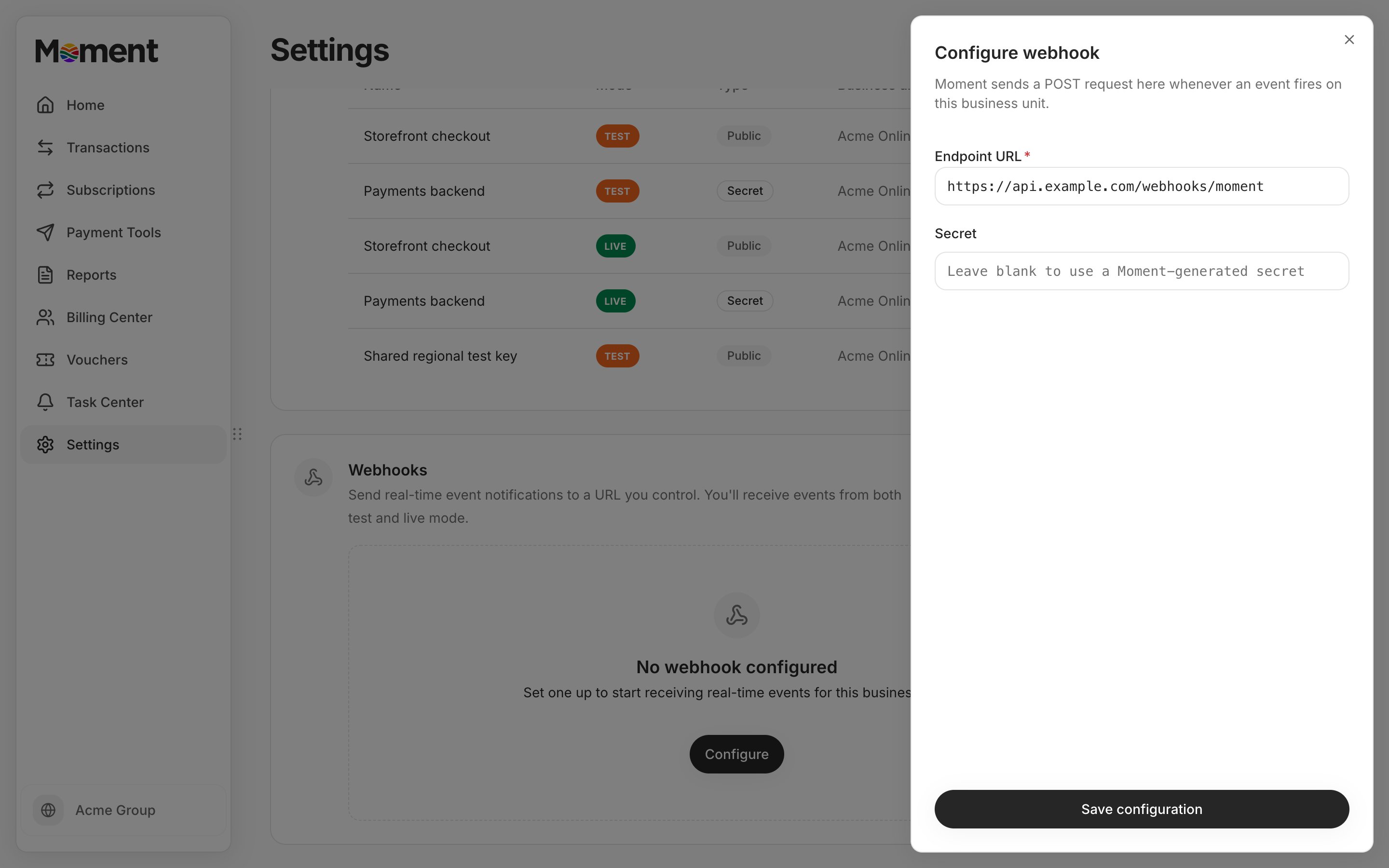 Configure webhook panel