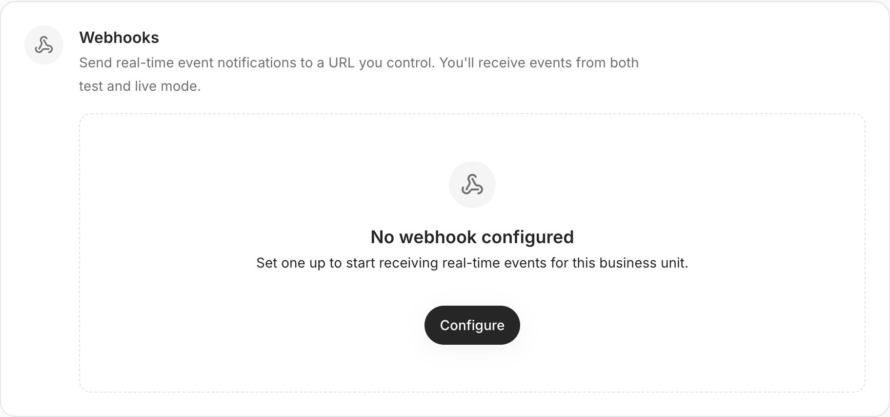 Webhooks section with no endpoint configured