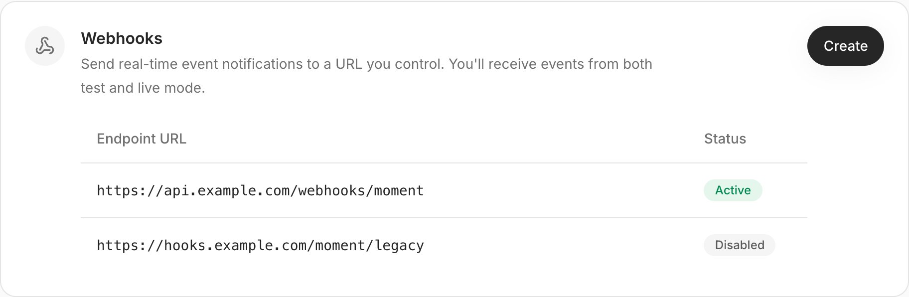 Webhooks section listing an active and a disabled endpoint