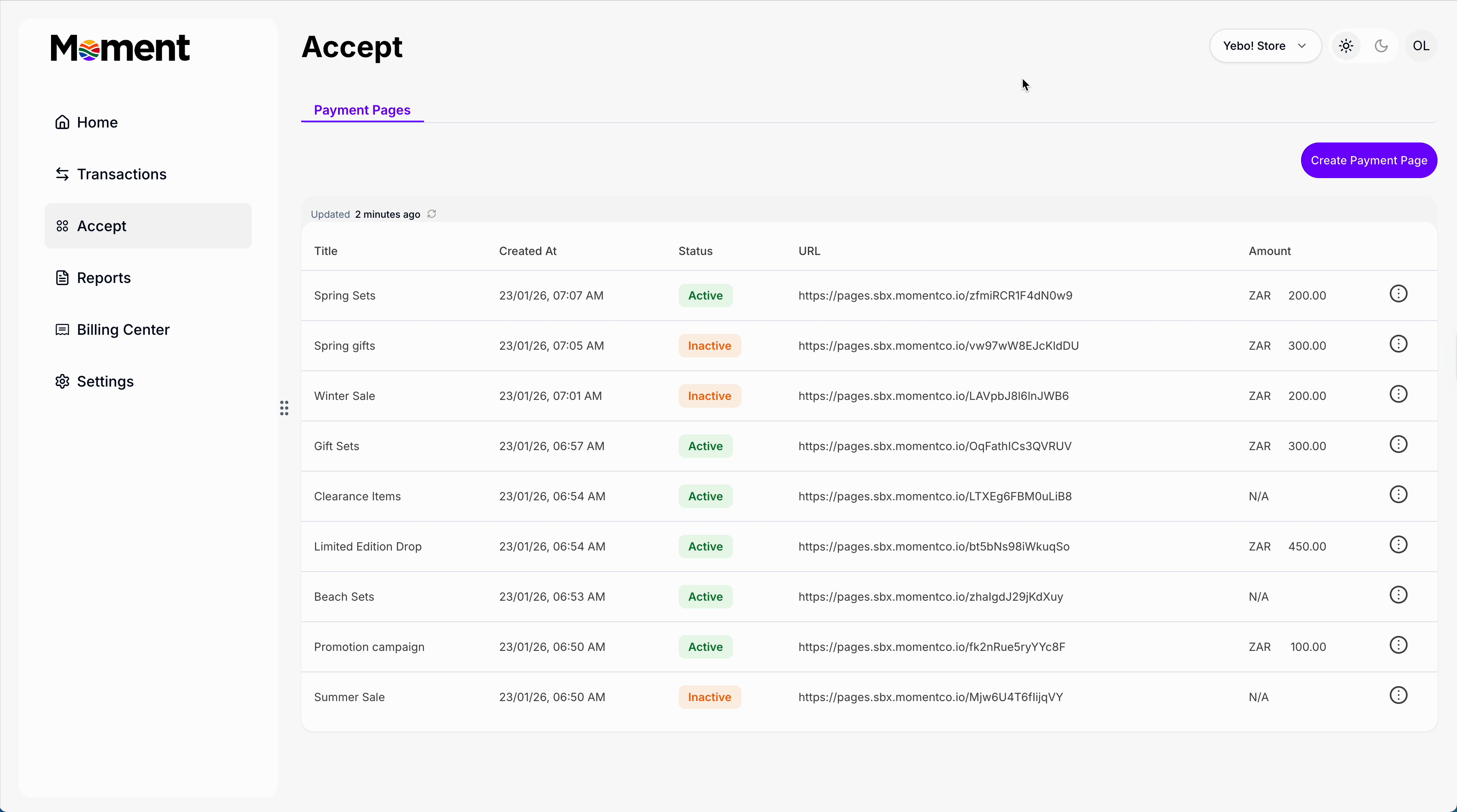 Create & Manage Payment Pages - Moment Holding | API Docs
