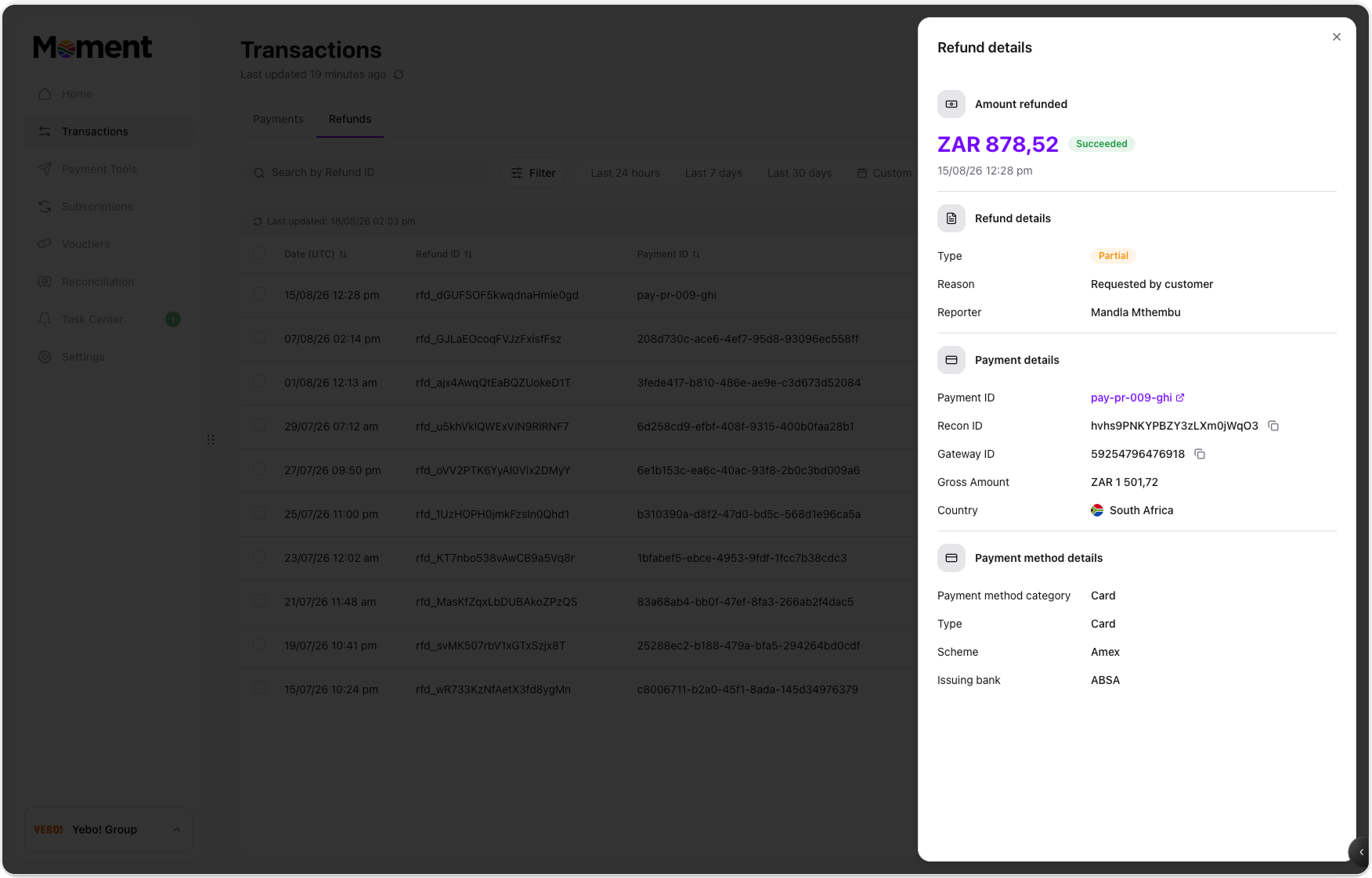 Refund details panel