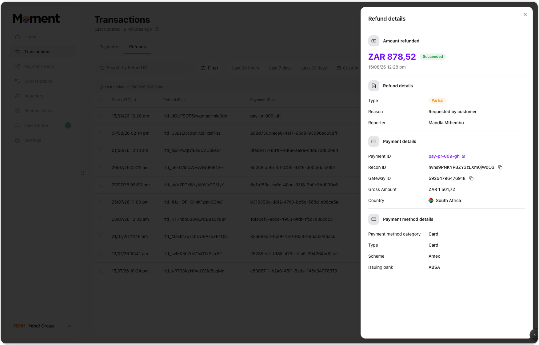 Refund details panel