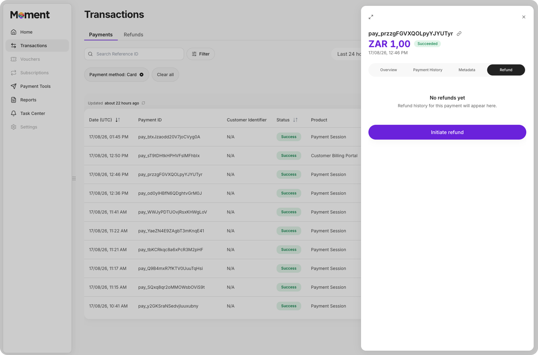 Refund tab with the Initiate refund button