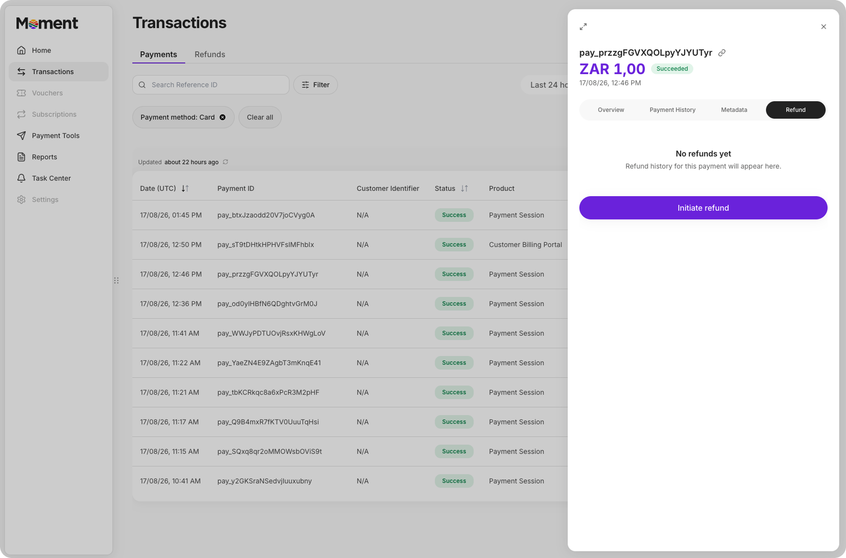 Refund tab with the Initiate refund button