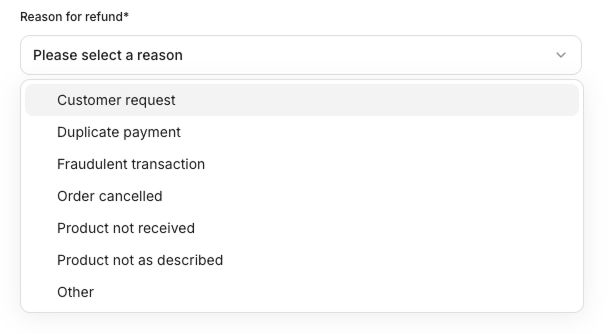 Reason for refund dropdown