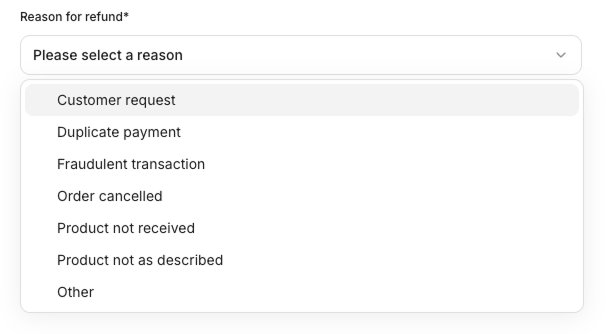 Reason for refund dropdown