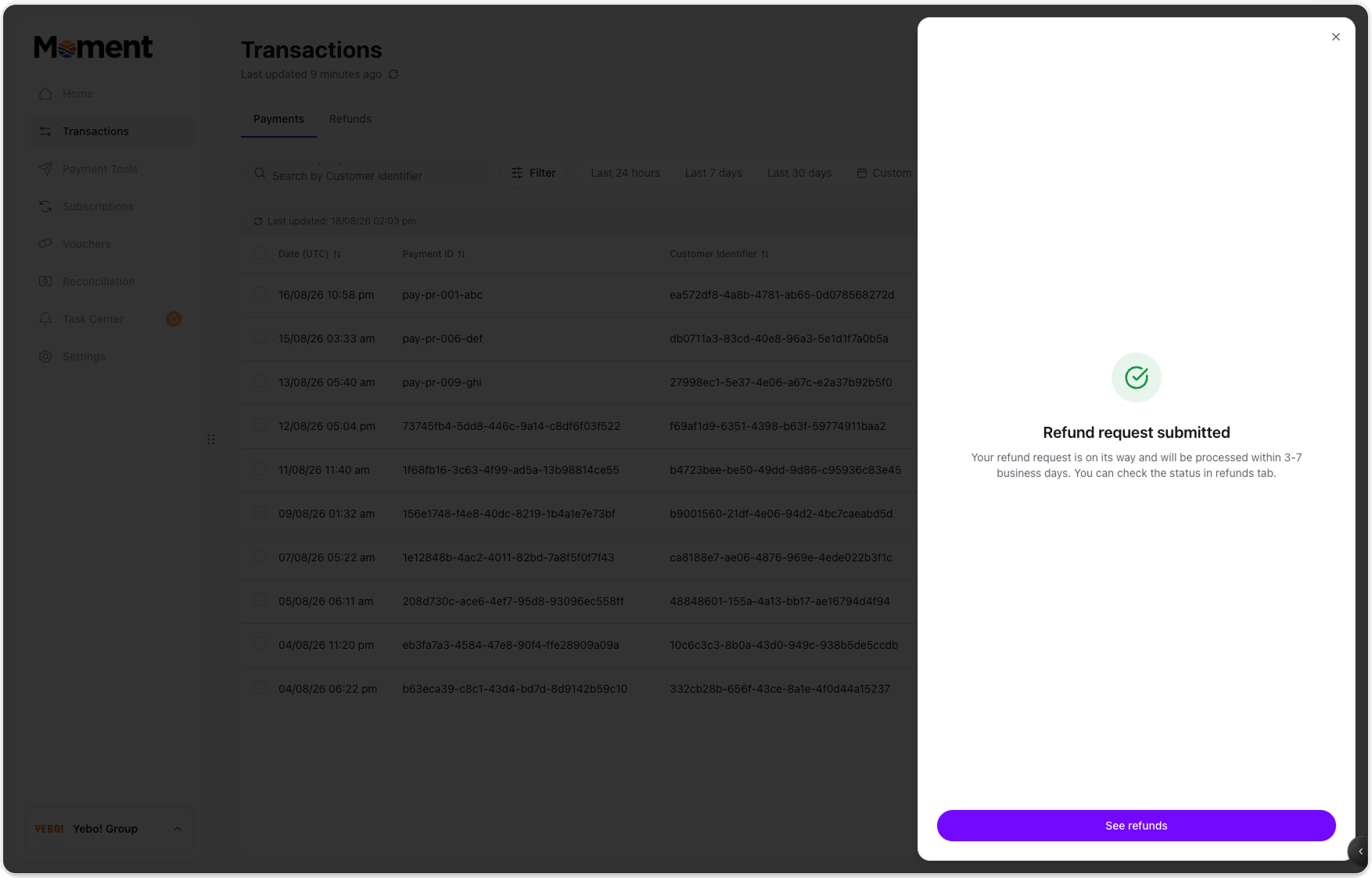 Refund request submitted confirmation screen