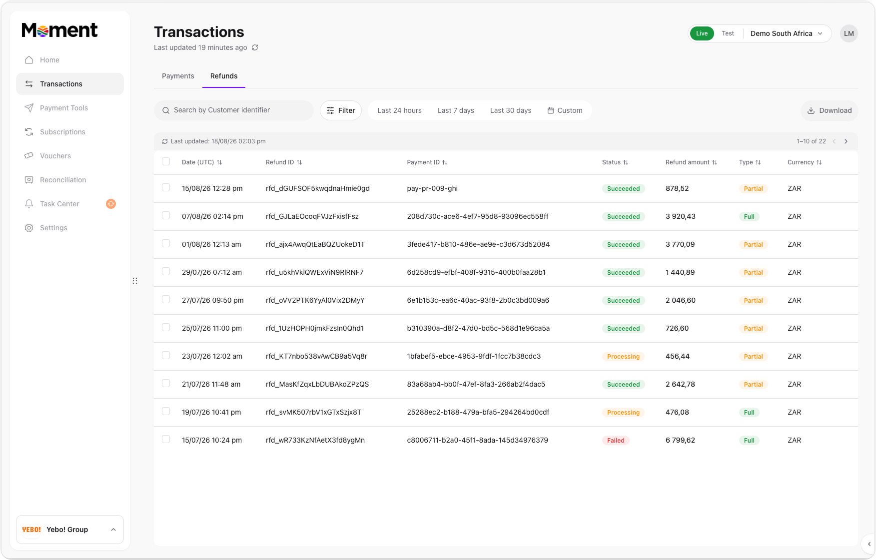 Refunds tab listing all refunds