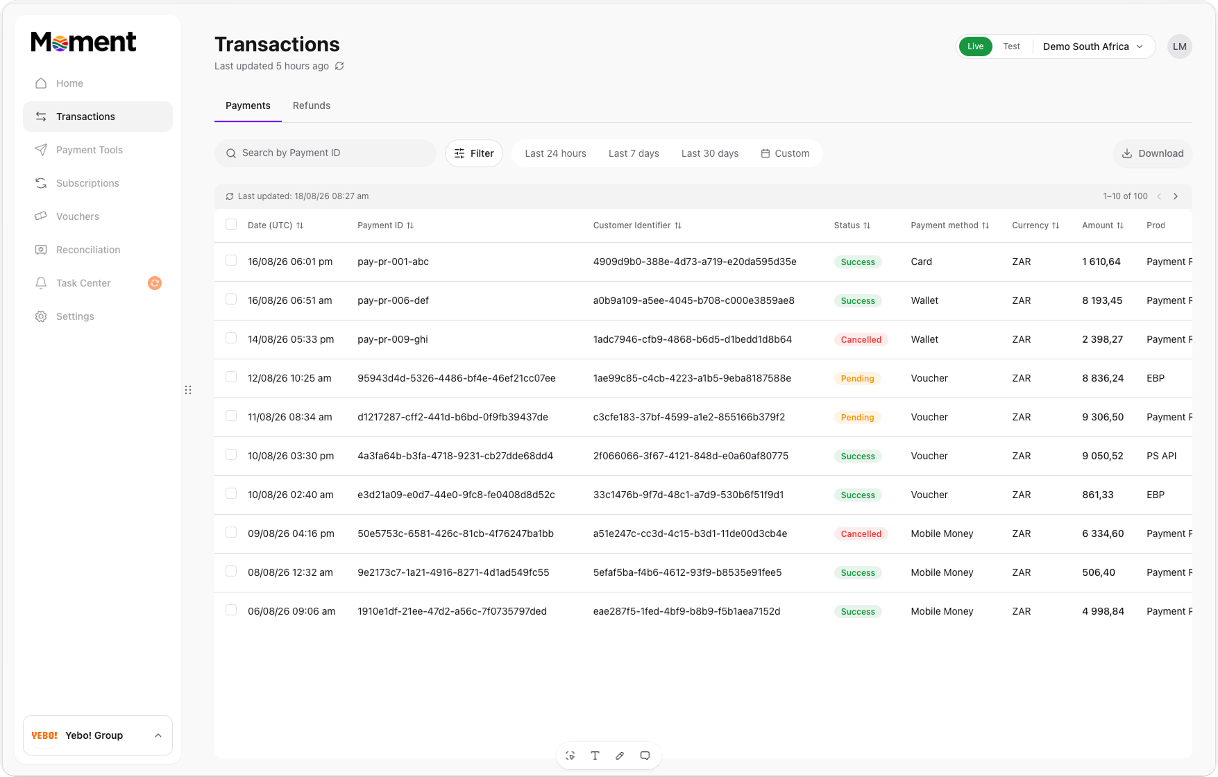 Transactions list in the Client Portal