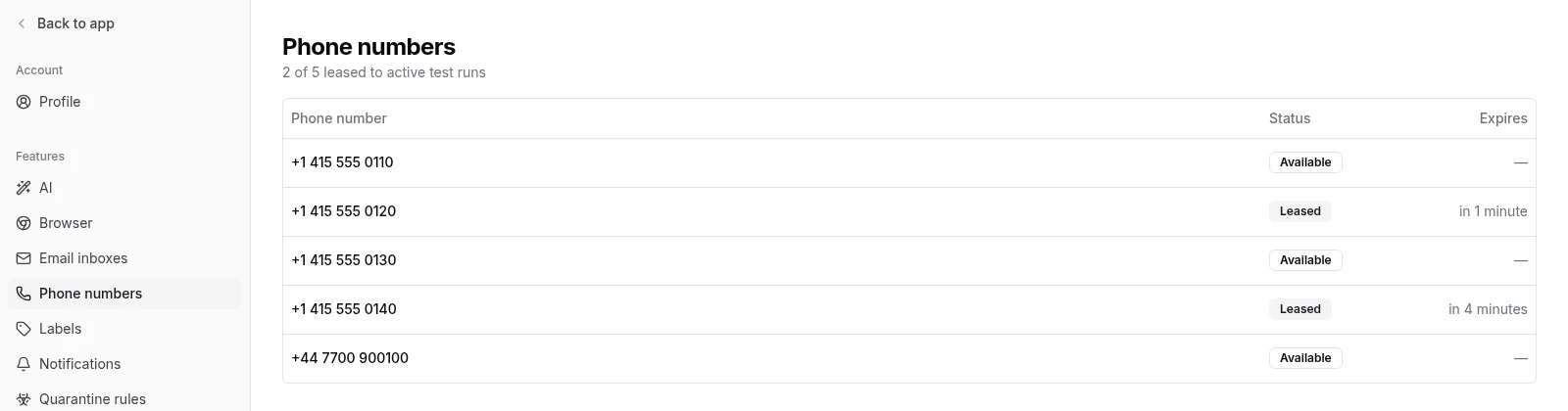 Phone numbers settings page