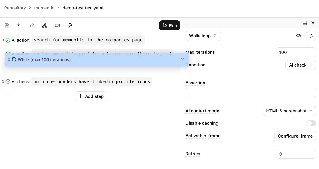 Momentic editor while dragging a While loop between AI actions, with undo and redo controls in the toolbar