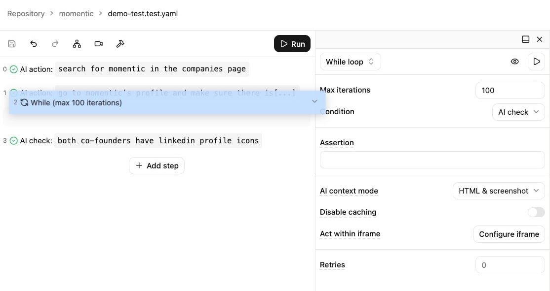 Momentic editor while dragging a While loop between AI actions, with undo and redo controls in the toolbar