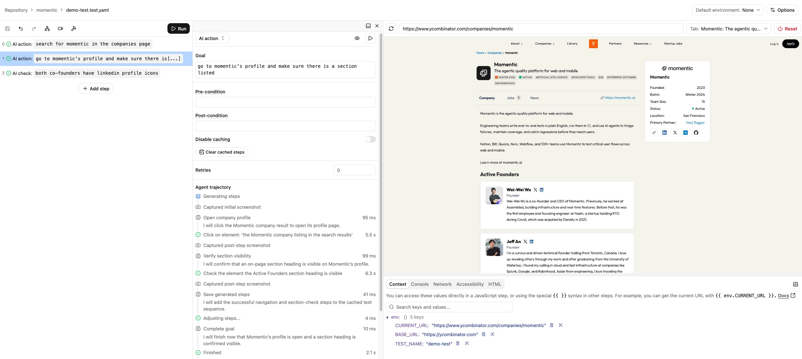 Momentic local app showing a test step list, AI action details, a live browser, and browser context tabs