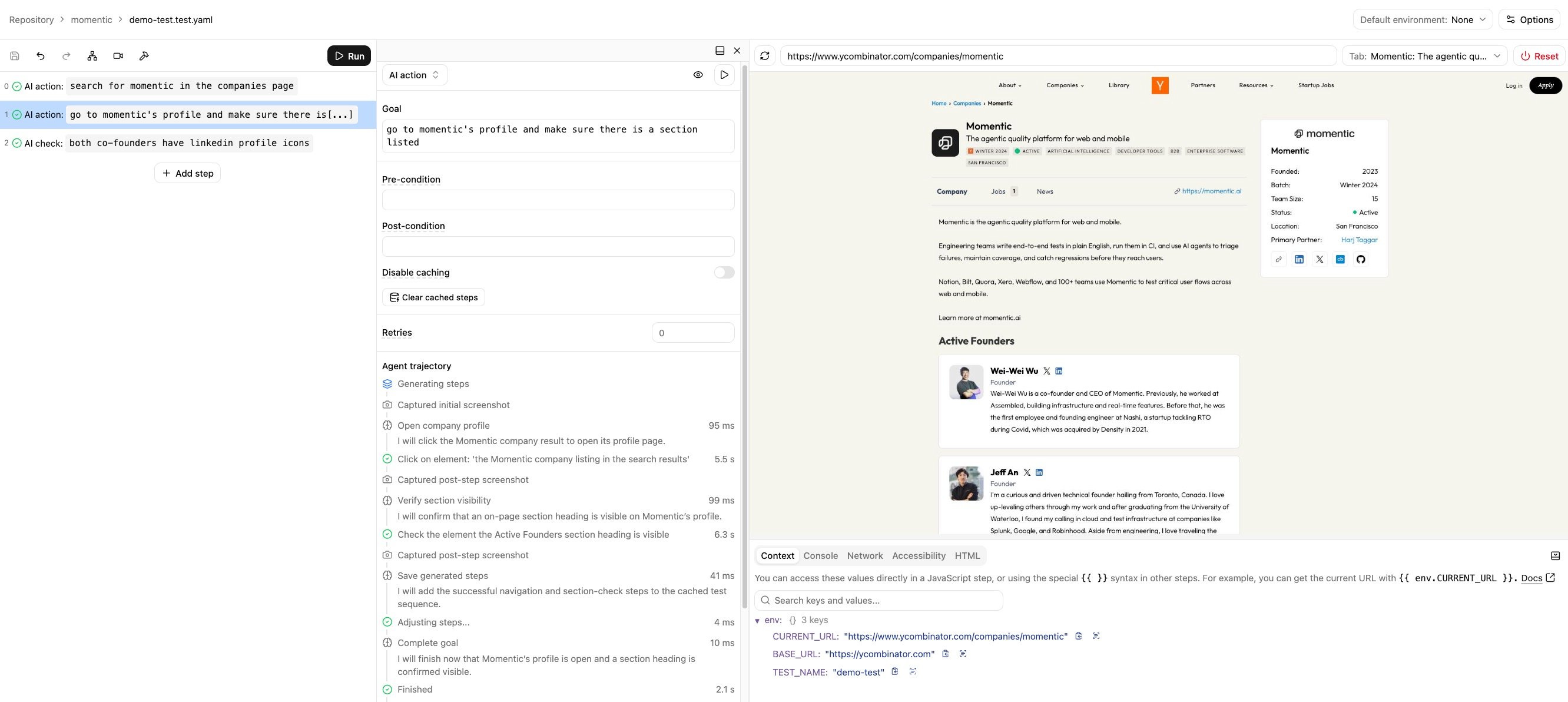 Momentic local app showing a test step list, AI action details, a live browser, and browser context tabs