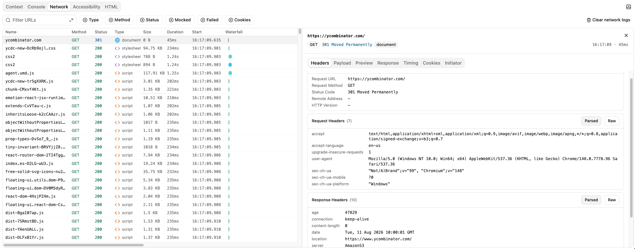 Momentic Network panel showing request filtering, a request waterfall, headers, response details, and timing tabs