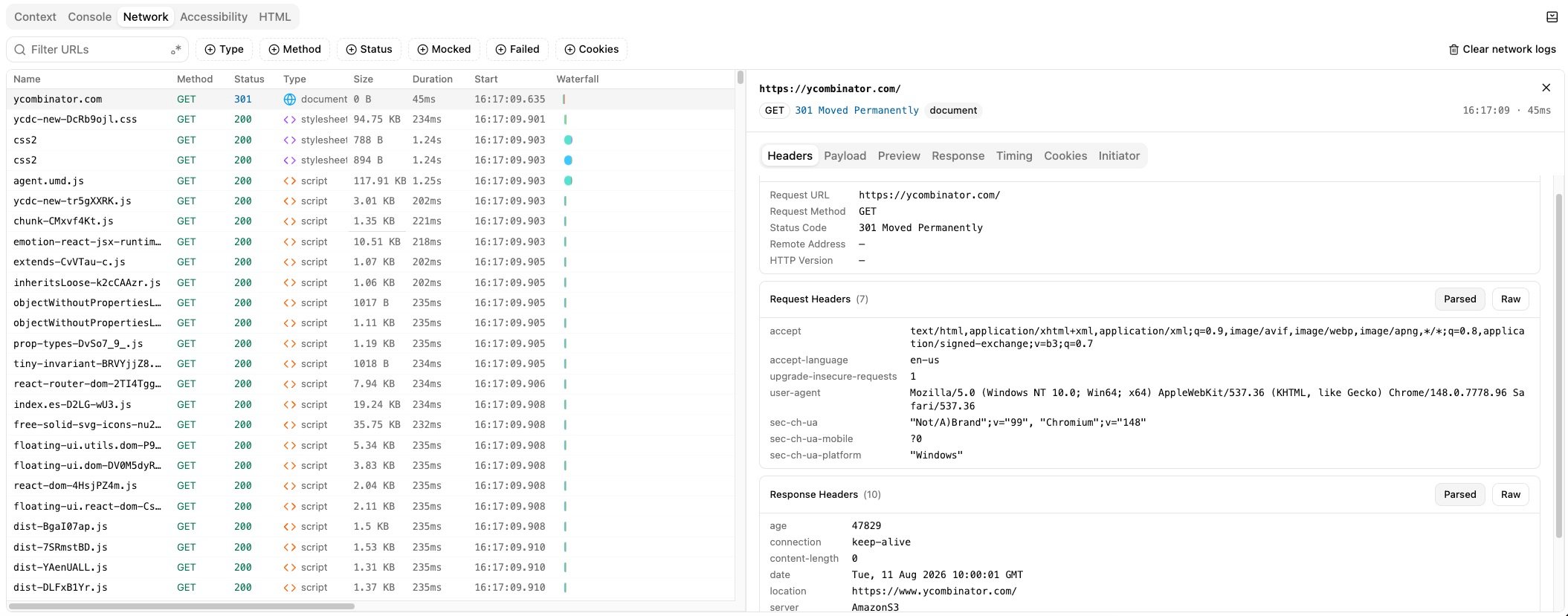 Momentic Network panel showing request filtering, a request waterfall, headers, response details, and timing tabs