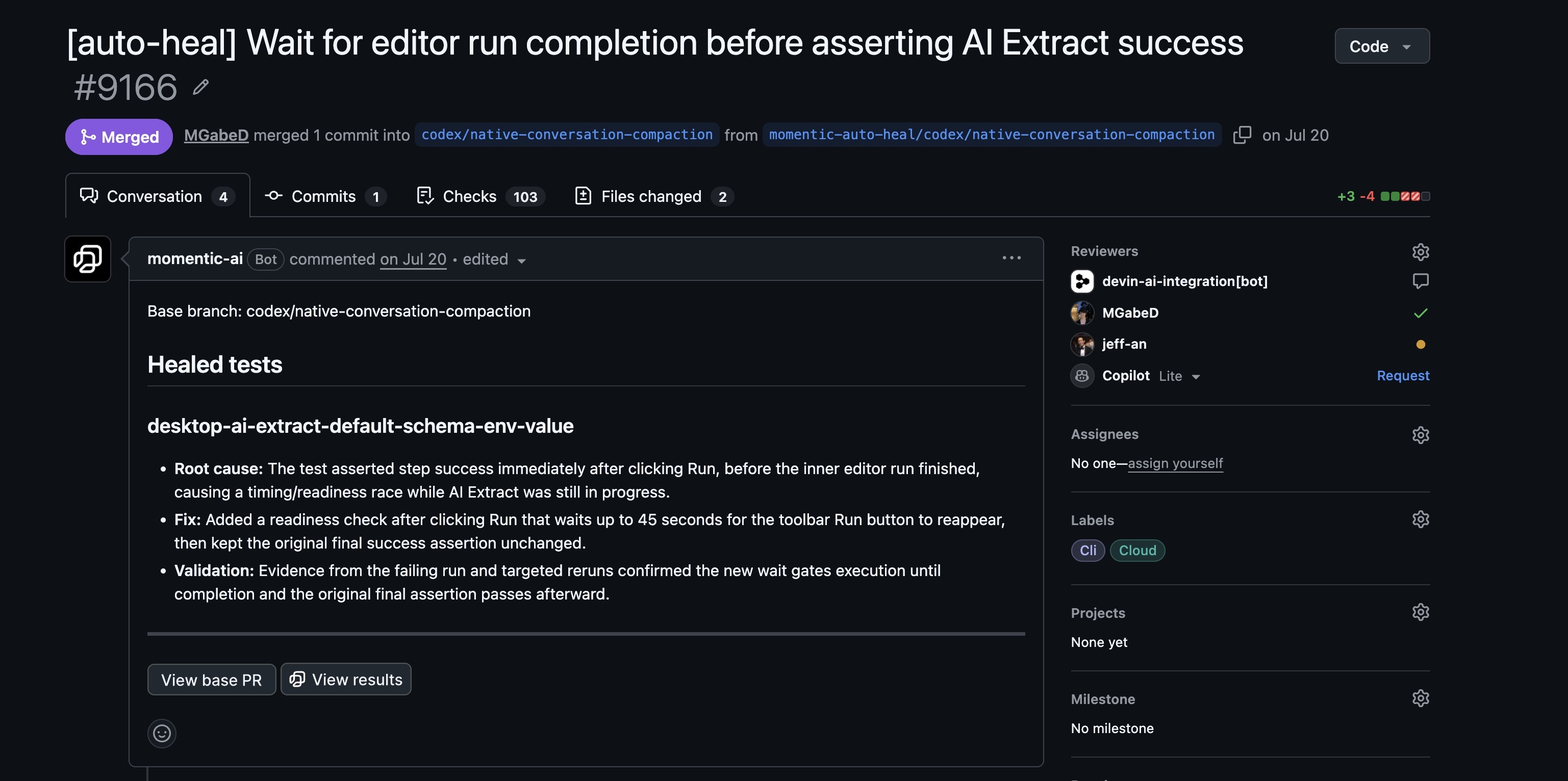 A merged Momentic auto-heal pull request with root cause, fix, validation, and links to the base pull request and results