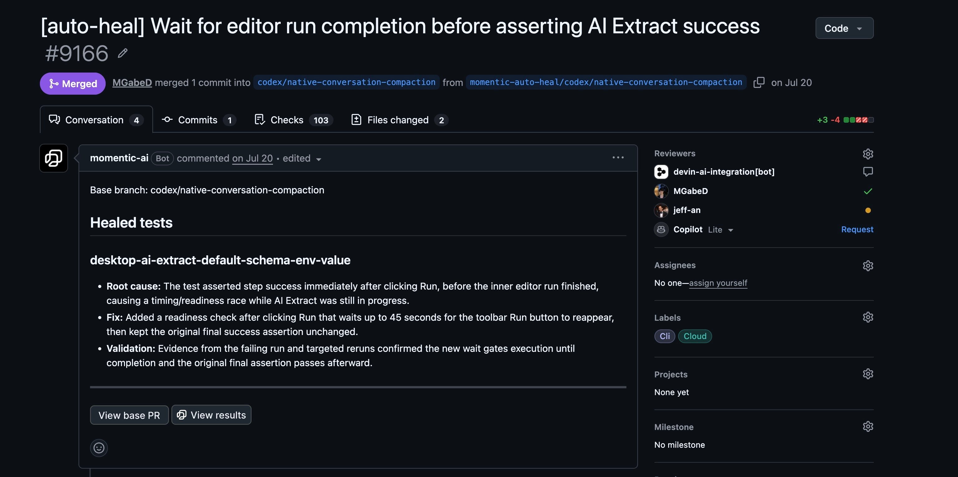 A merged Momentic auto-heal pull request with root cause, fix, validation, and links to the base pull request and results