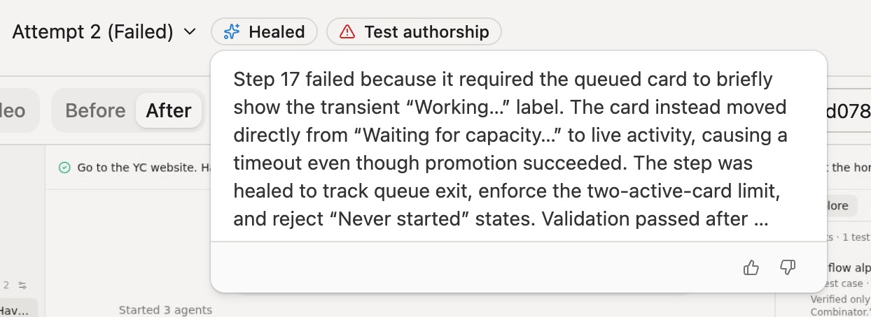Momentic healed step analysis explaining how triage replaced a transient label check with a durable queue-state check