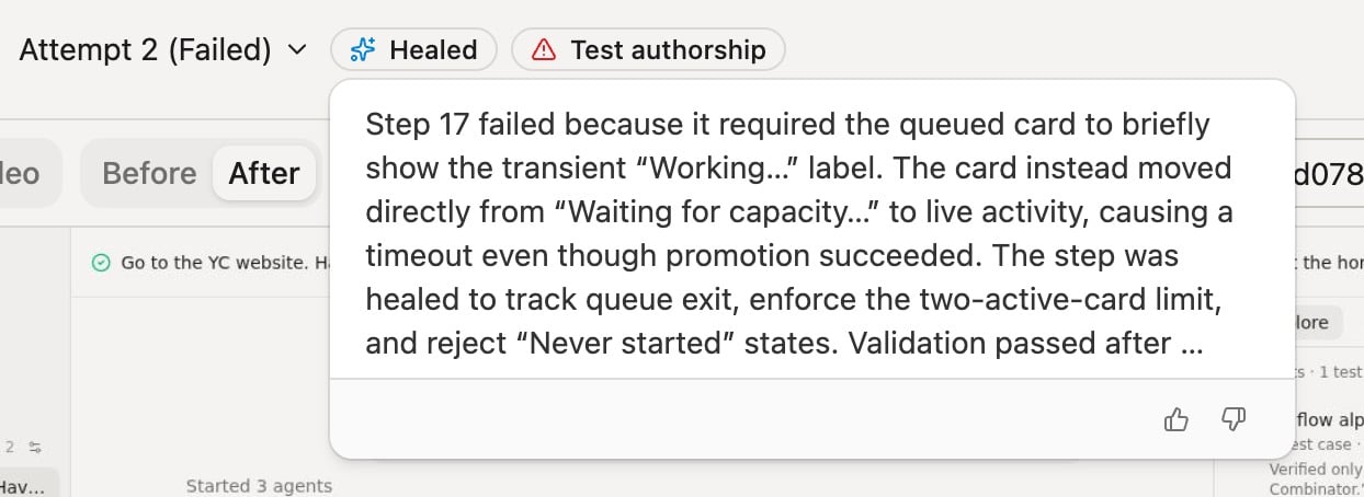 Momentic healed step analysis explaining how triage replaced a transient label check with a durable queue-state check