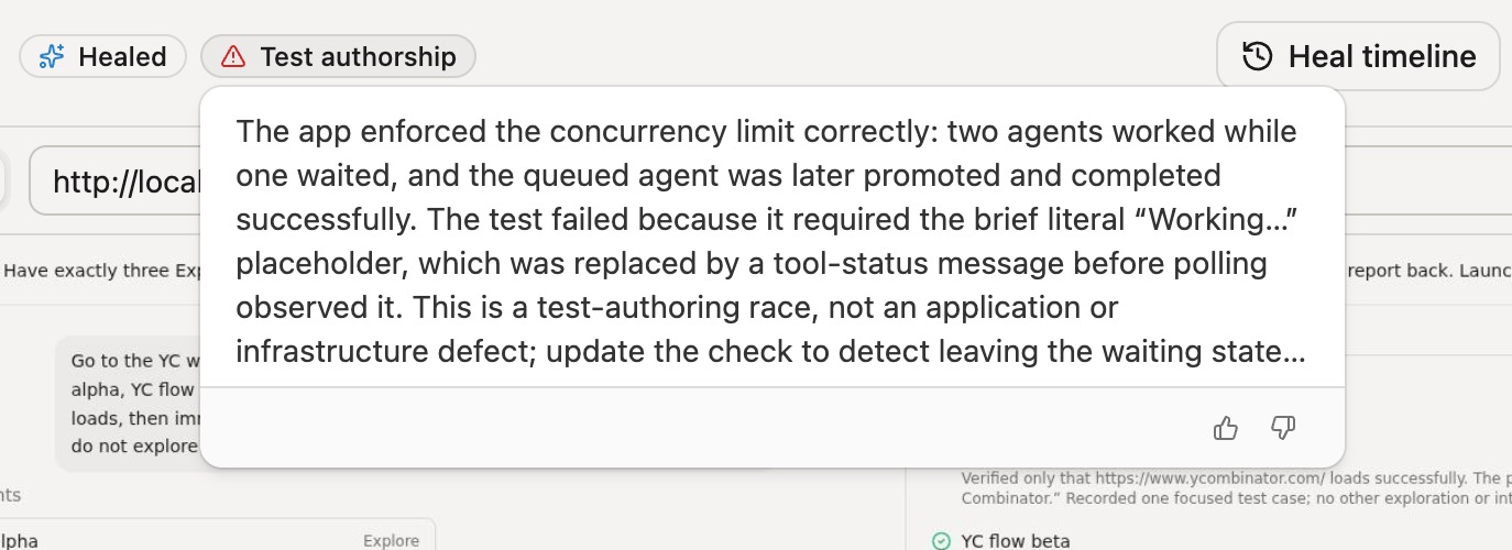 Momentic classification showing Healed and Test authorship labels with reasoning about a transient UI race