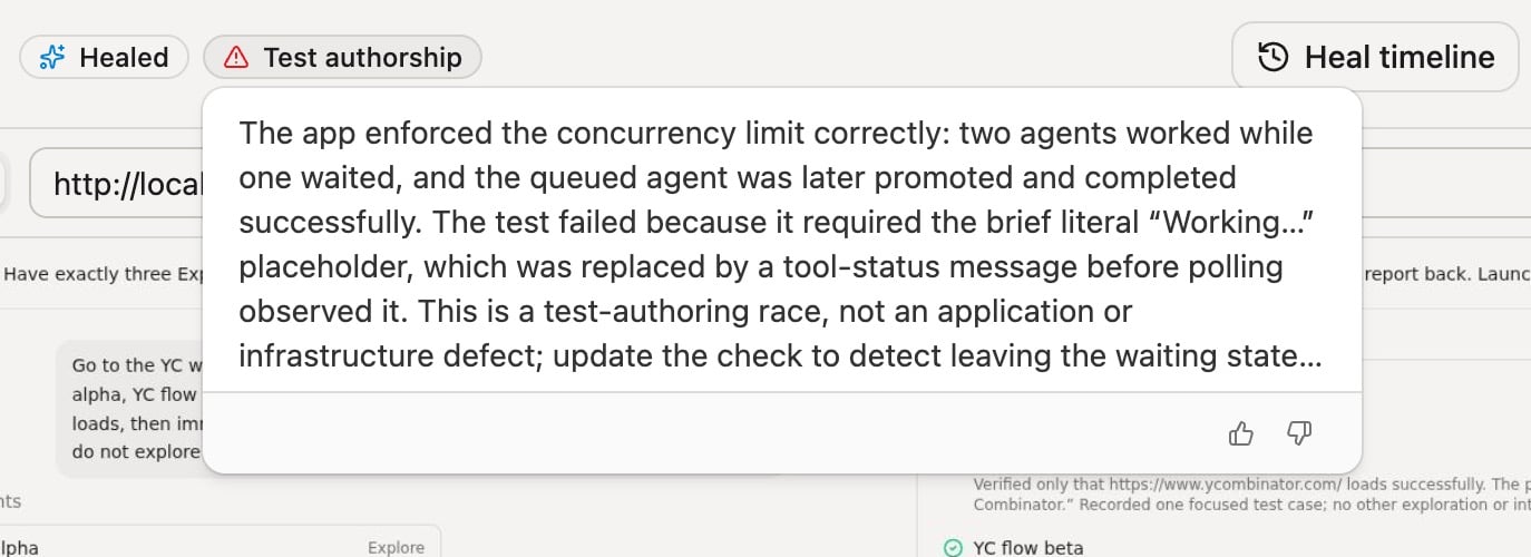 Momentic classification showing Healed and Test authorship labels with reasoning about a transient UI race