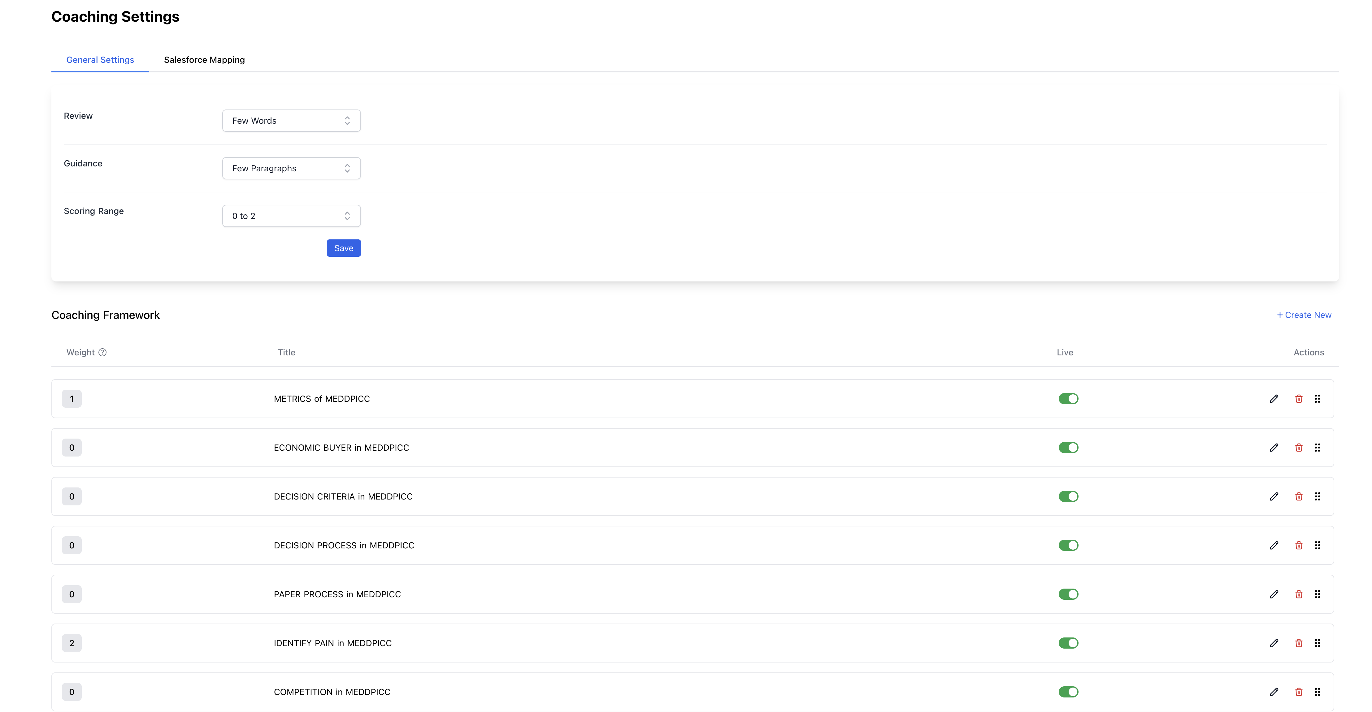 Coaching Settings Page