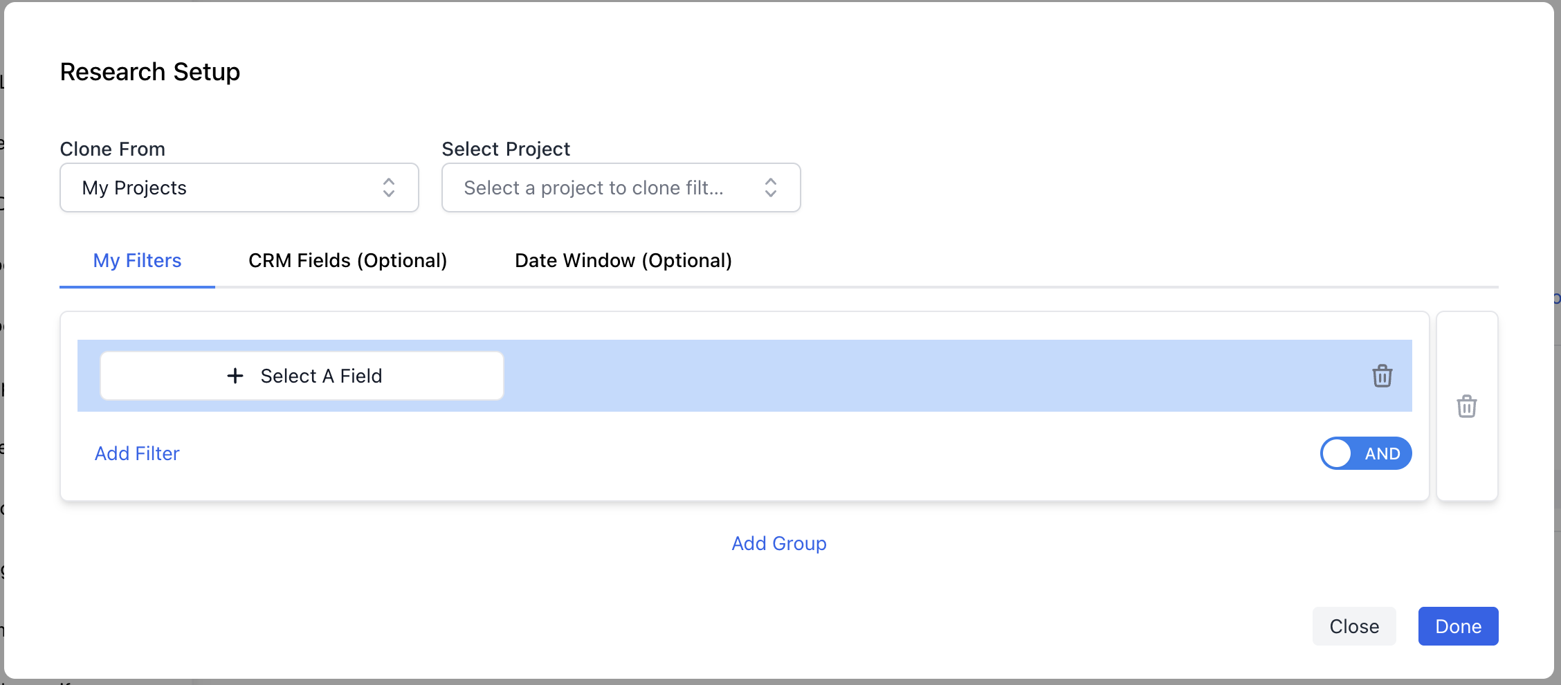 CRM filters in Deep Research