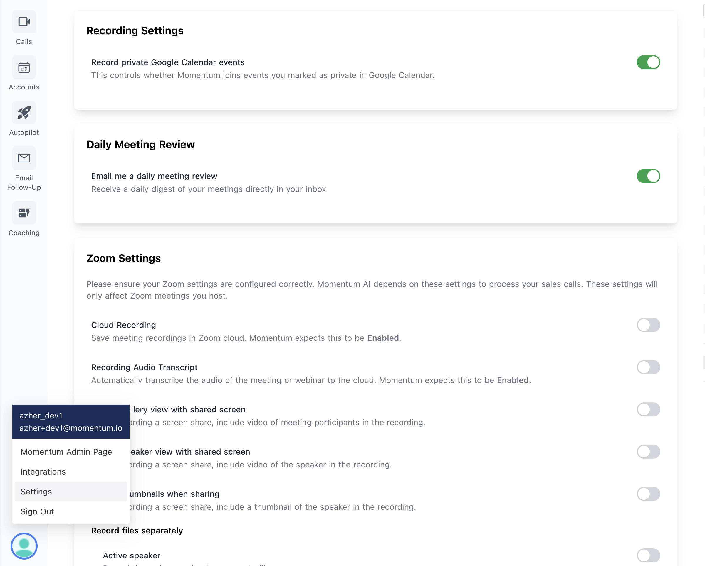 User settings showing the Record private Google Calendar events toggle
