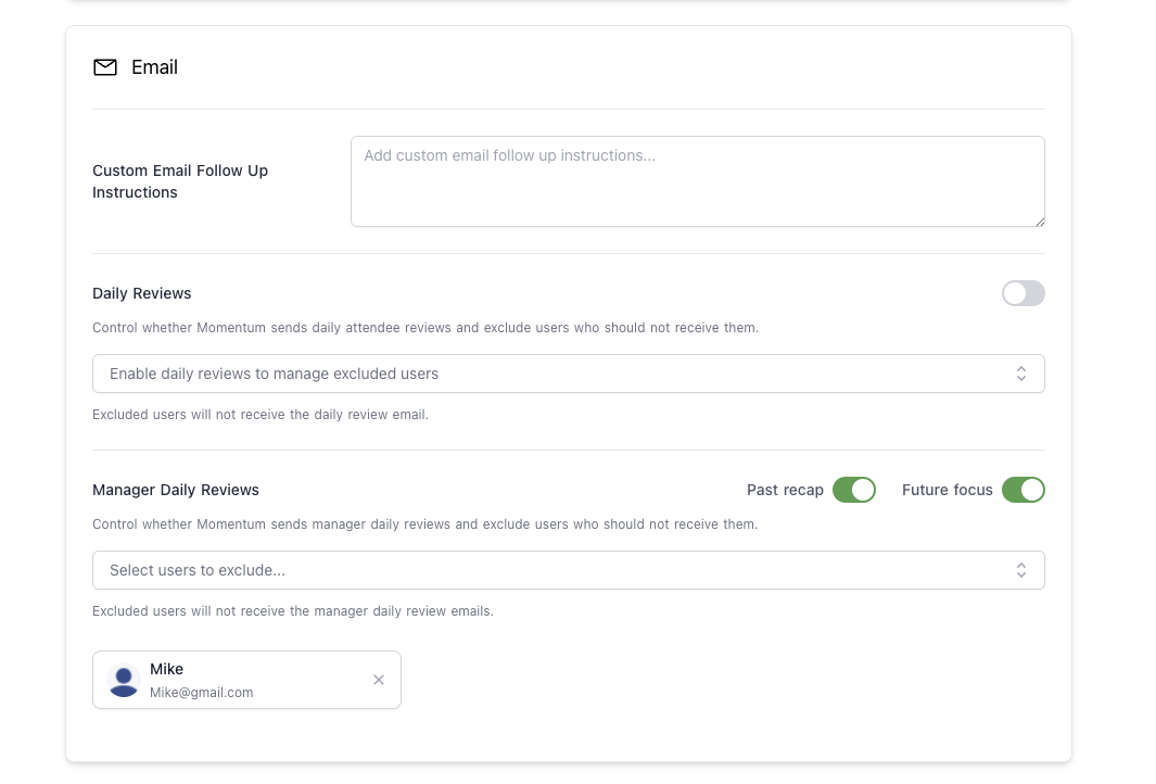 Manager Reviews Admin Settings