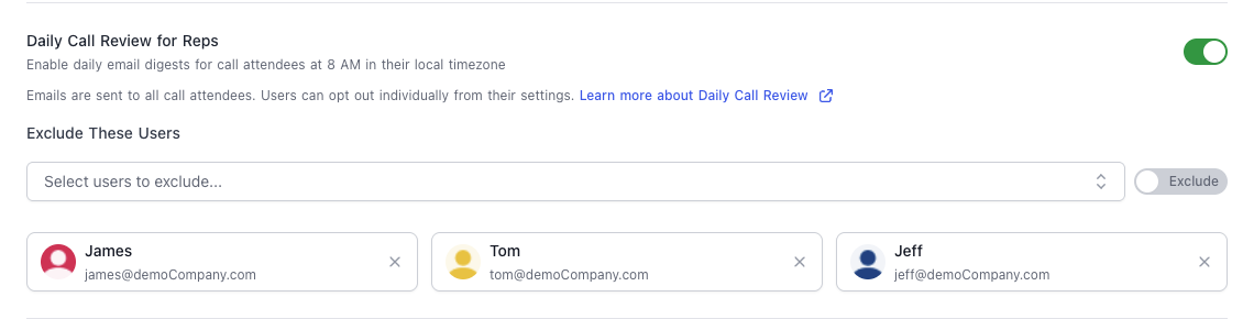 Daily Call Review Admin Settings For Reps