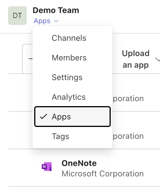 The manage Team screen for a team named Demo Team, as it appears on a smaller screen. The menu below the team name is expanded and the Apps menu item is selected