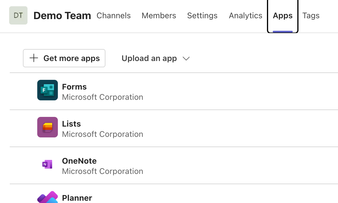 The manage Team screen for a team named Demo Team, as it appears on a larger screen. The Apps tab is highlighted