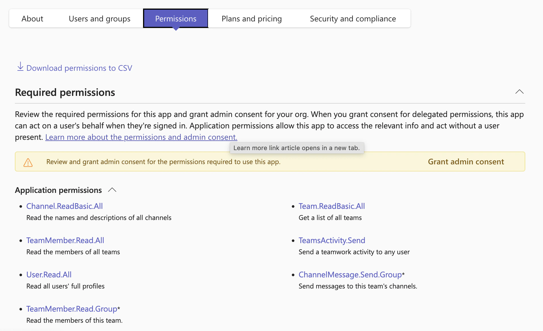 A page section with a row of tabs. The Permissions tab is selected. The section below is named Required permissions. This lists the permissions required to install Momentum as well as a call to action asking the user to Grant Admin consent