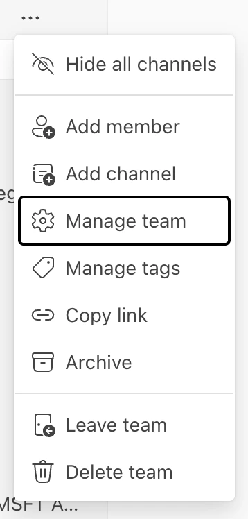 The expanded accessory menu for the selected Team. The menu item Manage team is highlighted