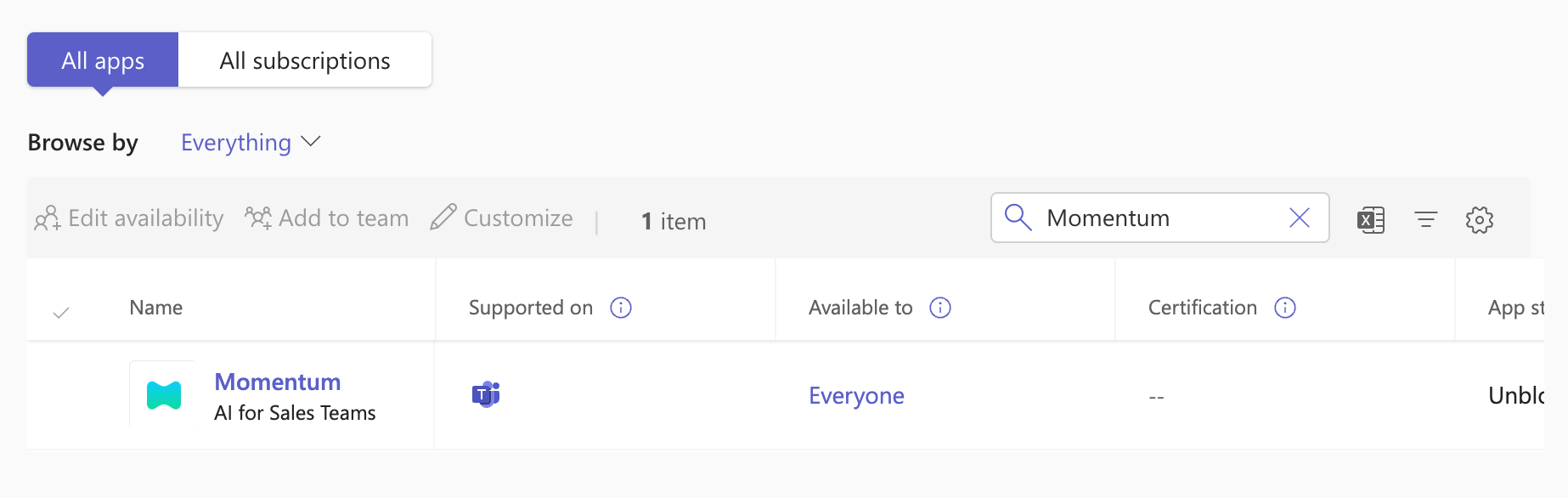 A section of the Manage apps screen with the All apps tab selected. The search bar contains the keyword Momentum and the Momentum app is the first item in the list.