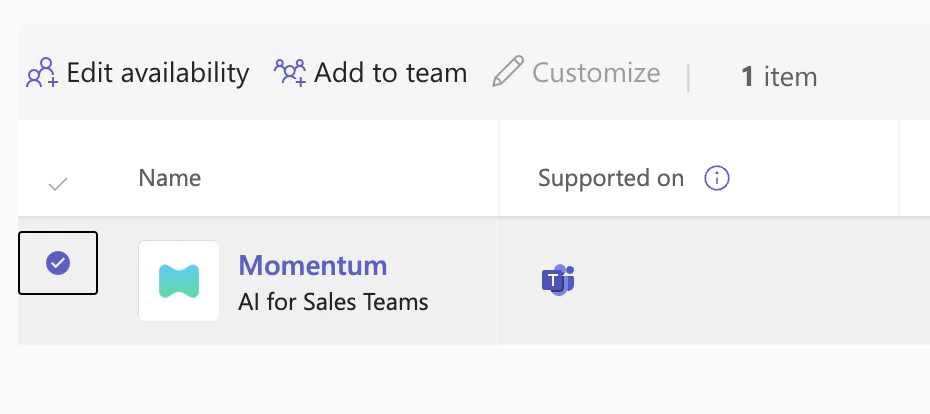 A list of applications including the Momentum app. The checkbox to the left of Momentum is selected